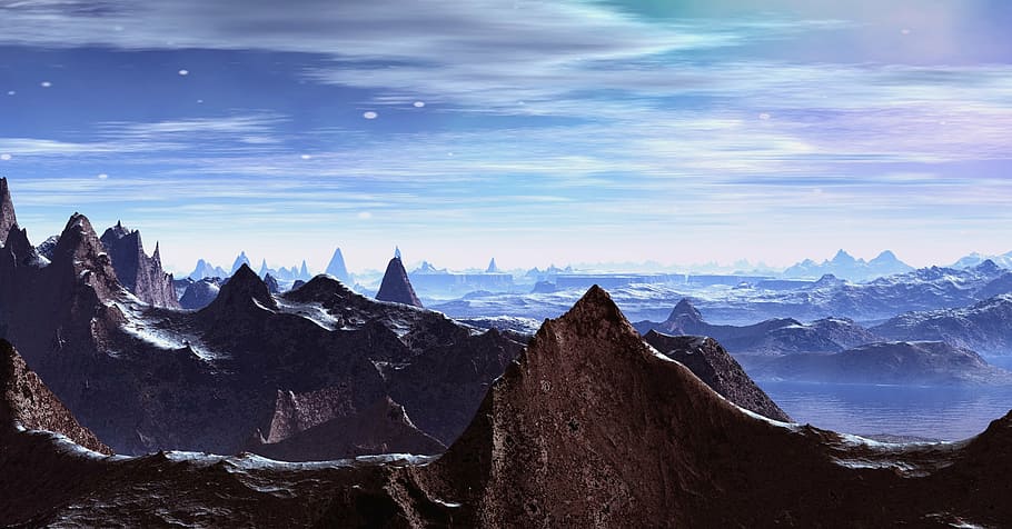 brown mountain peak, planet, discover, fantasy world, voyager, HD wallpaper