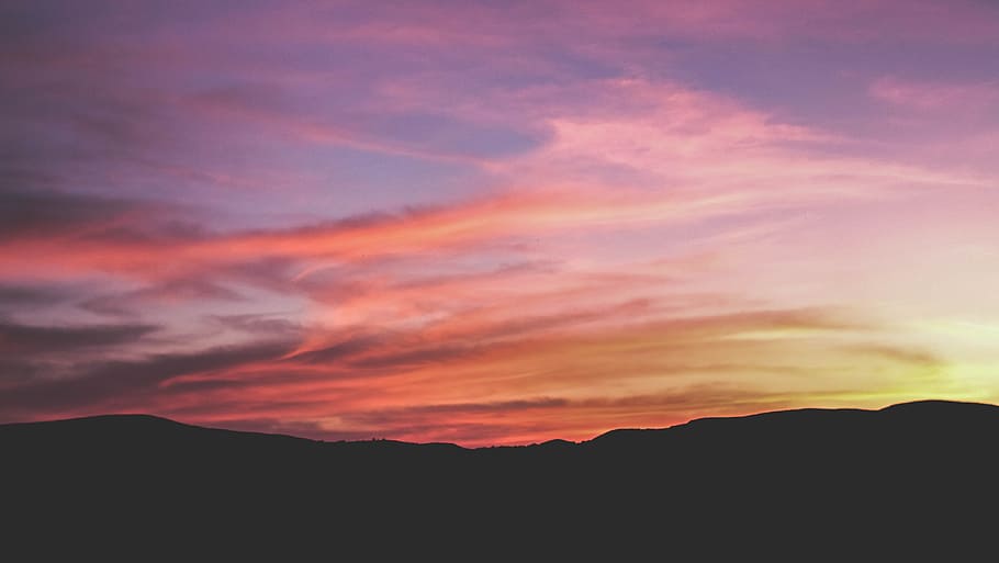 mountain silhouette during sunset, silhouette photo of mountain HD wallpaper