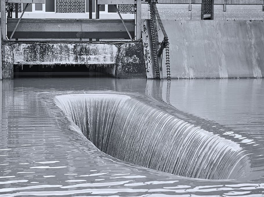 waters, industry, mill, reflection, river, black and white photography HD wallpaper