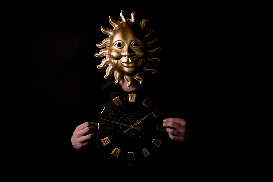 time, sun, mask, sundial, pointer, time of, hour, black background HD wallpaper