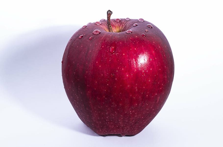 red apple on white surface, fruit, crop, food, dessert, fresh, HD wallpaper