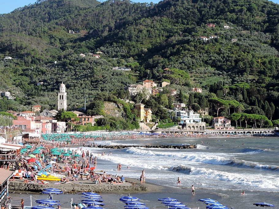 beach, levanto, sea, italy, liguria, umbrellas, campanile, waves, HD wallpaper