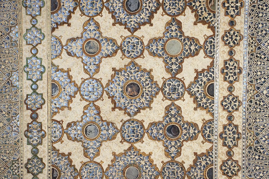amber fort, palace of mirrors, mosaic, rajasthan, jaipur, full frame