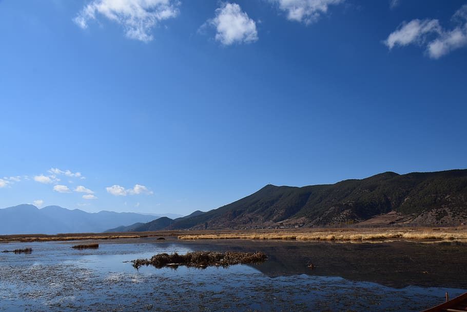 yunnan lijiang, lugu lake, caohai, mountain, sky, water, scenics - nature, HD wallpaper