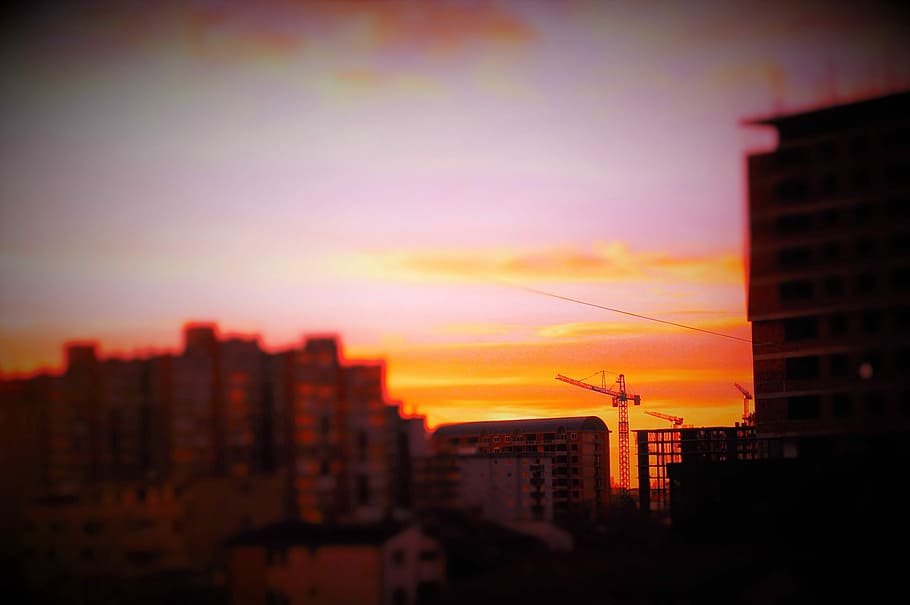 Sunset, City, Construction, Cityscape, downtown, building, sky HD wallpaper