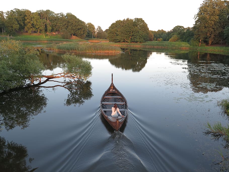waters, lake, reflection, nature, boot, summer, park, dusk HD wallpaper