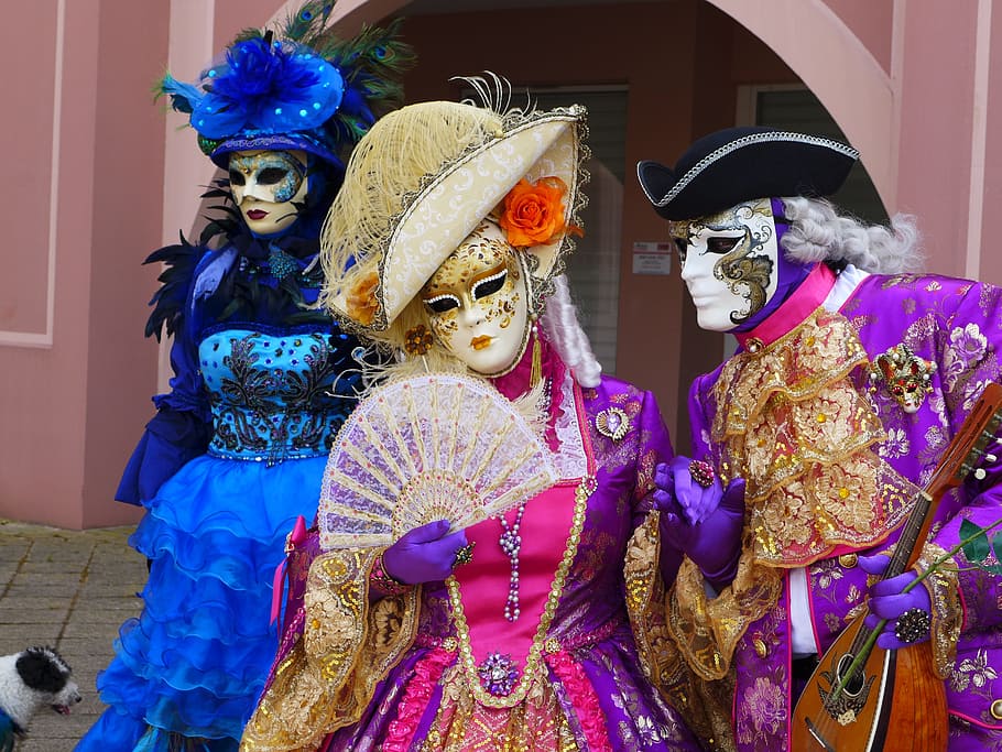 three persons wearing traditional dresses, mask of venice, carnival of venice, HD wallpaper