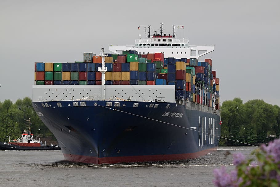 blue and red cargo ship on sea, Container, Ship, River, Boot HD wallpaper