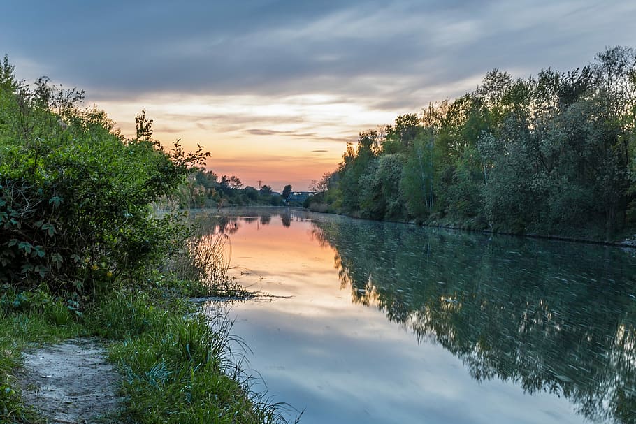nature, river, sunset, landscape, water, plant, sky, tree, reflection HD wallpaper