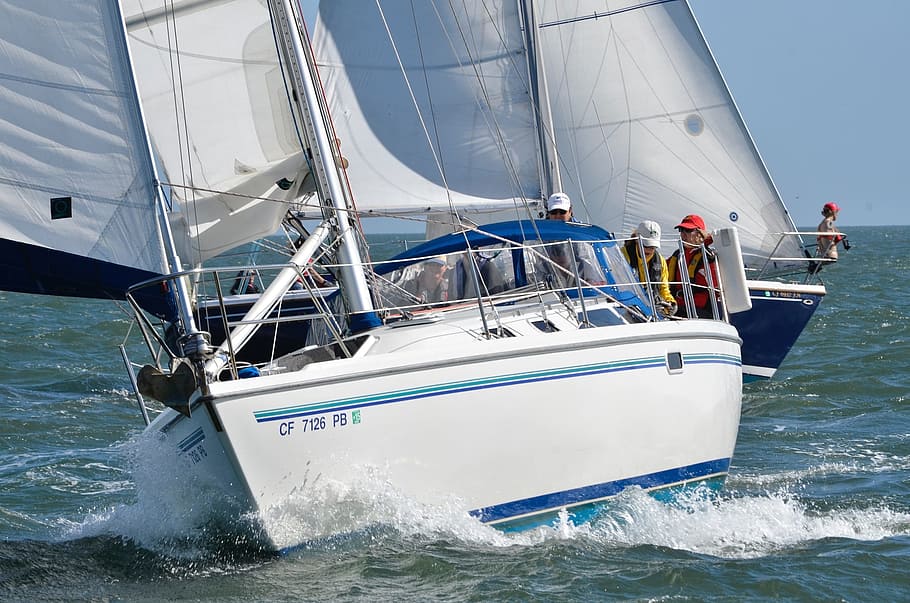 yacht sailing, hull, jib, spinnaker, recreation, water, ocean HD wallpaper