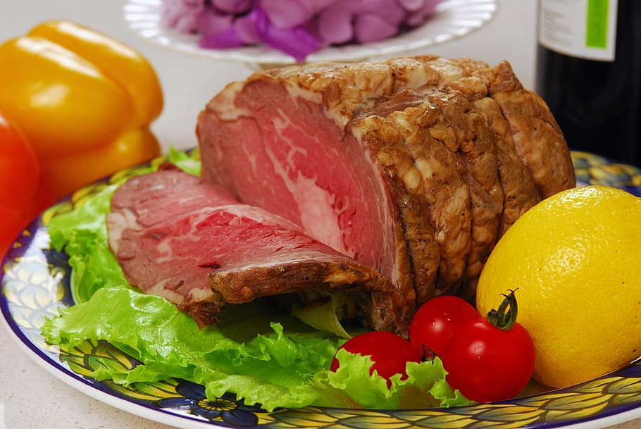 cooked ham on plate, lemon, meat, beef, chunk, lump, roast beef HD wallpaper