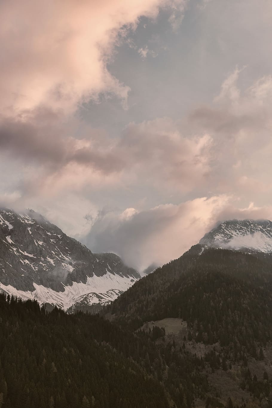 snow-covered mountains under white sky, aerial photography of mountain covered with snow HD wallpaper