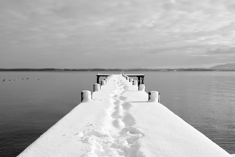 dock covered by snow under white cloudy sky, winter, web, boardwalk HD wallpaper