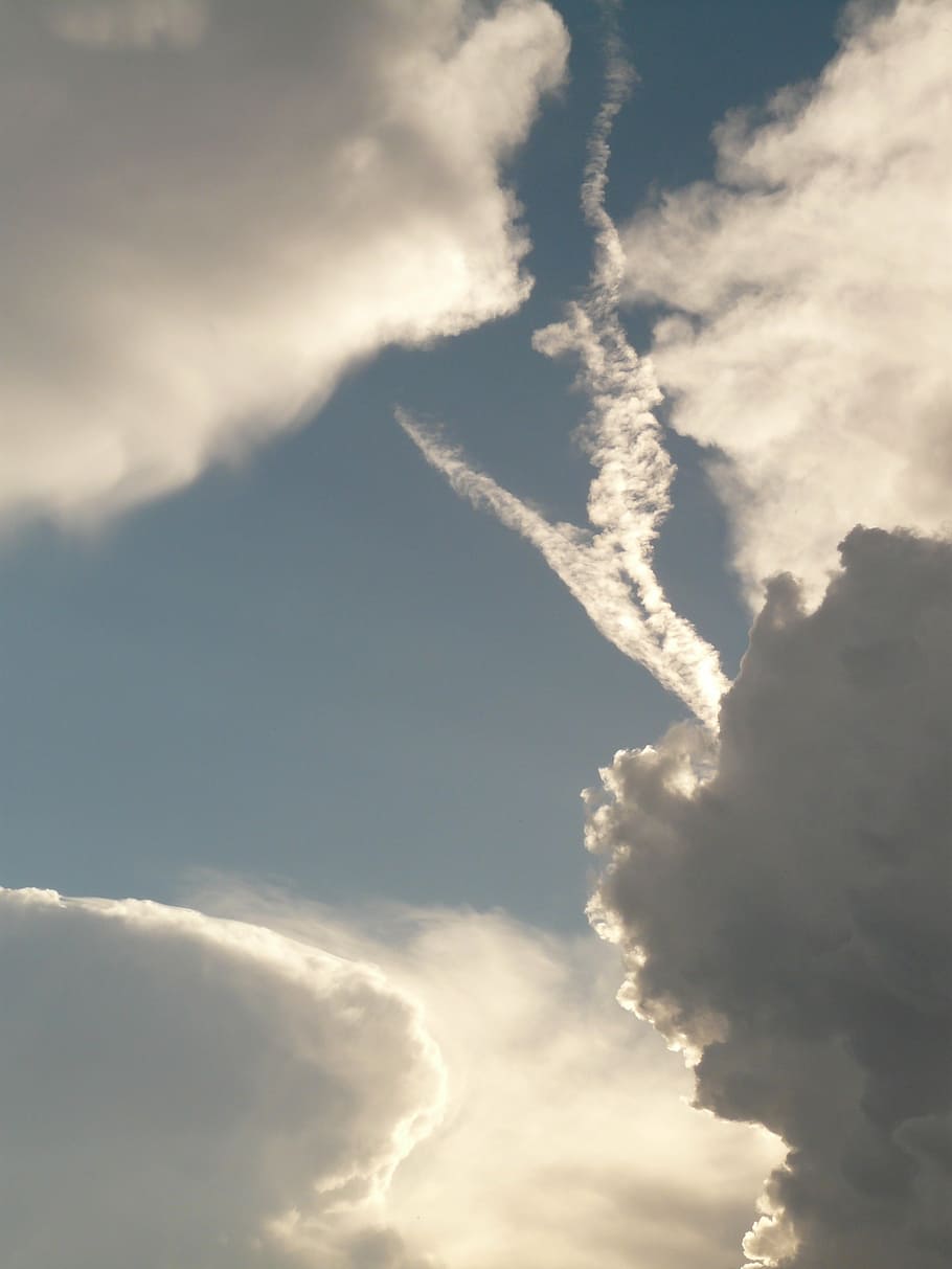 clouds, sky, cloud formation, blue, white, sun, back light HD wallpaper