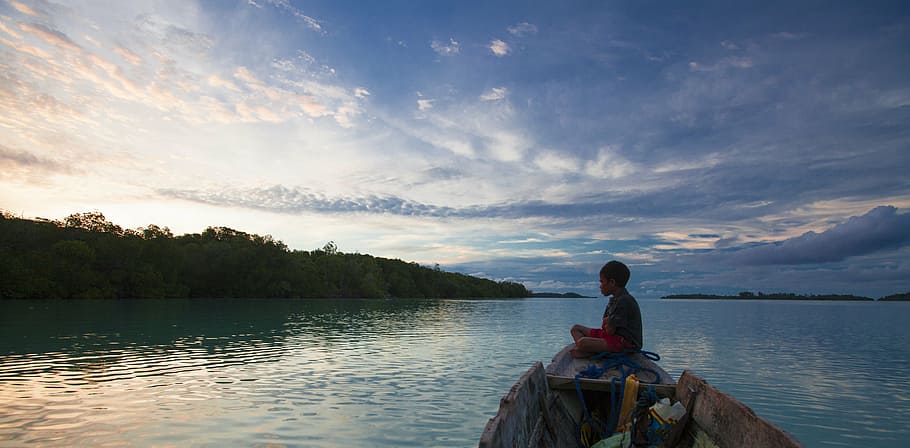 boy riding boat under calm blue sky, widi islands, twilight, halmahera island, HD wallpaper