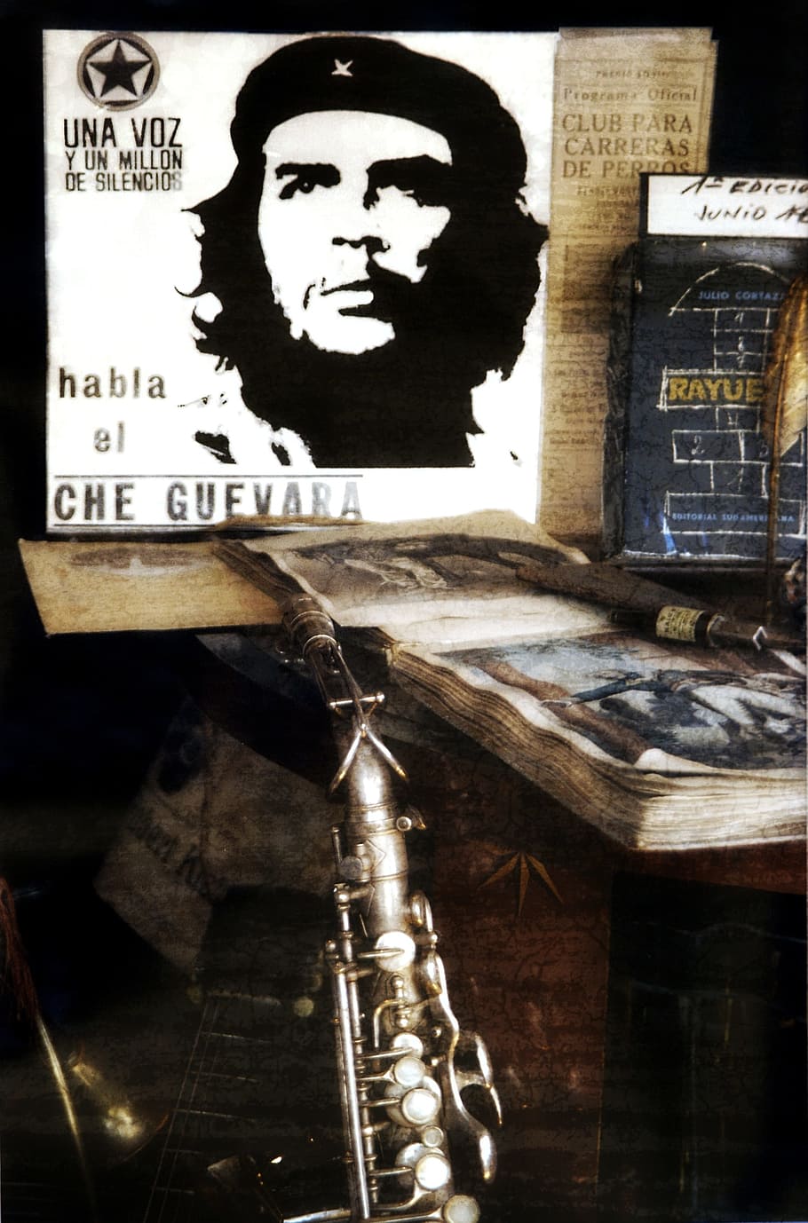 gray flute, Still Life, Che Guevara, Music, instrument, book