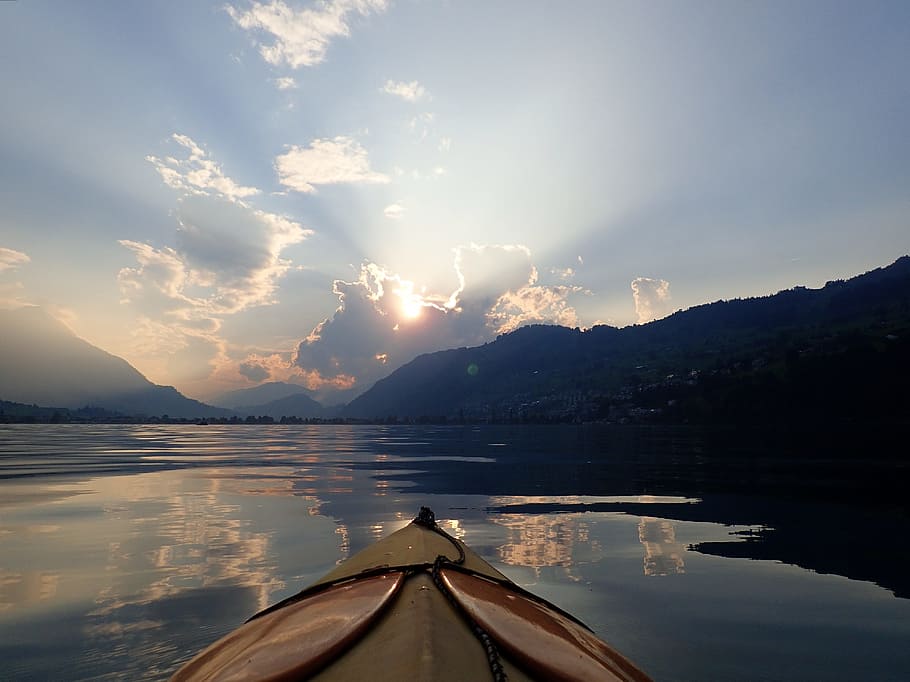 sunset, abendstimmung, clouds, lake, kayak, folding kayak, water HD wallpaper