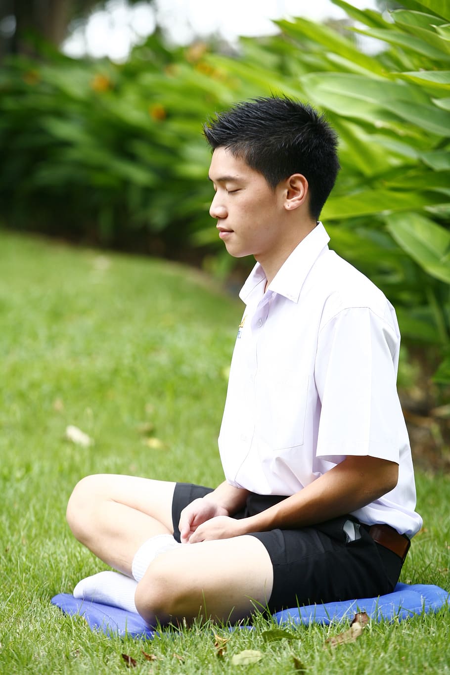 man wearing white shirt meditating on green grass, meditation, HD wallpaper