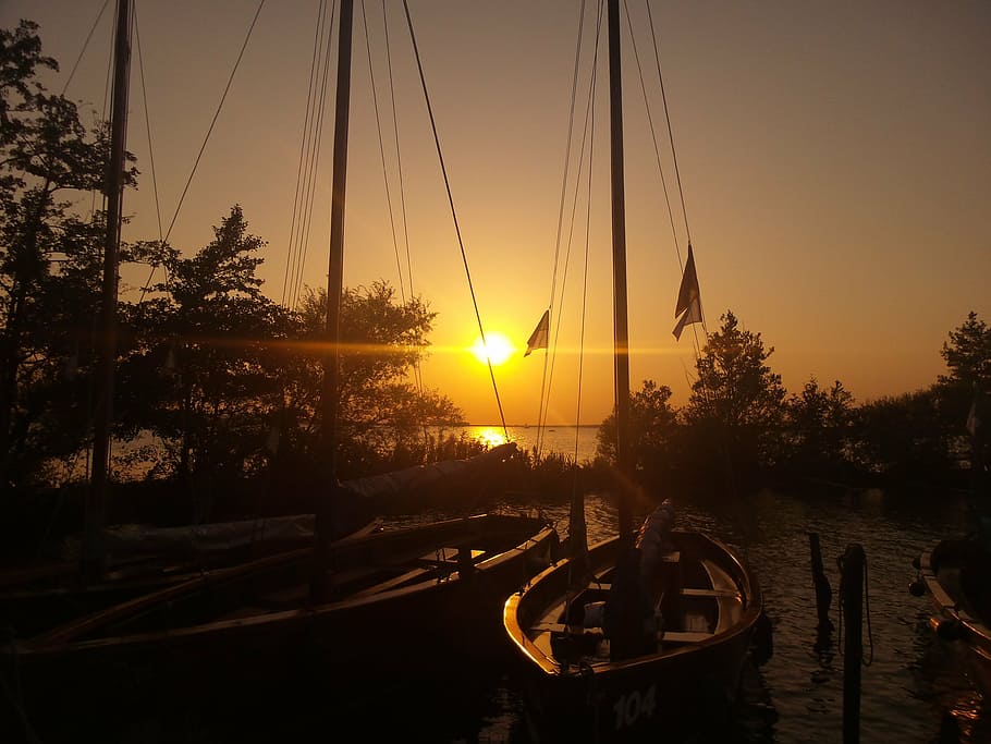 sunset, abendstimmung, setting sun, twilight, nature, boot HD wallpaper