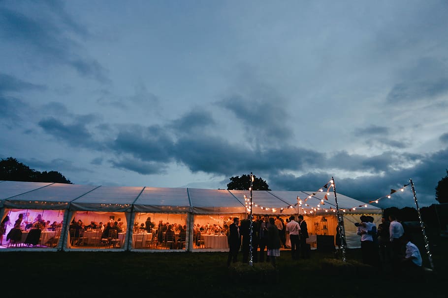 landscape photography of white canopy tent, group of people gathering inside the tent HD wallpaper