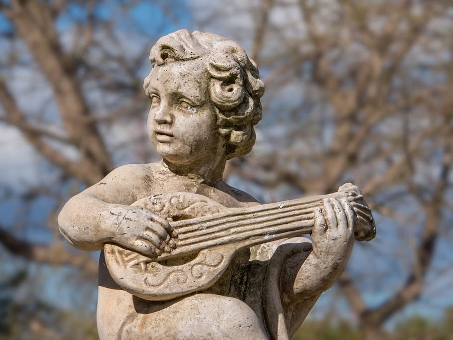 statue, child, playing, lute, sculpture, design, white, stone HD wallpaper