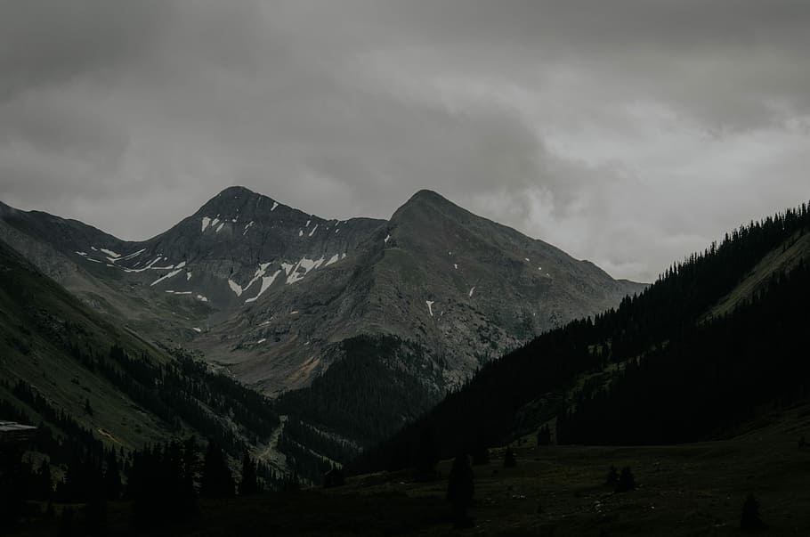 in distant mountain, grayscale mountains with trees, cloud - sky HD wallpaper