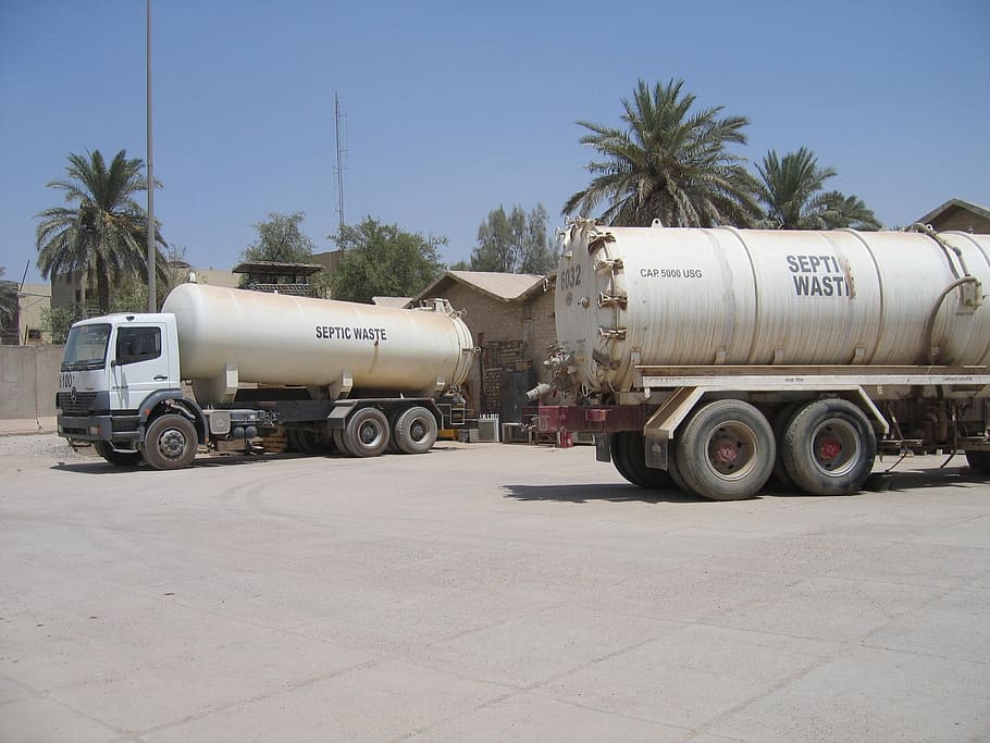 truck, iraq, water, sand, septic waiste, transportation, tree, HD wallpaper