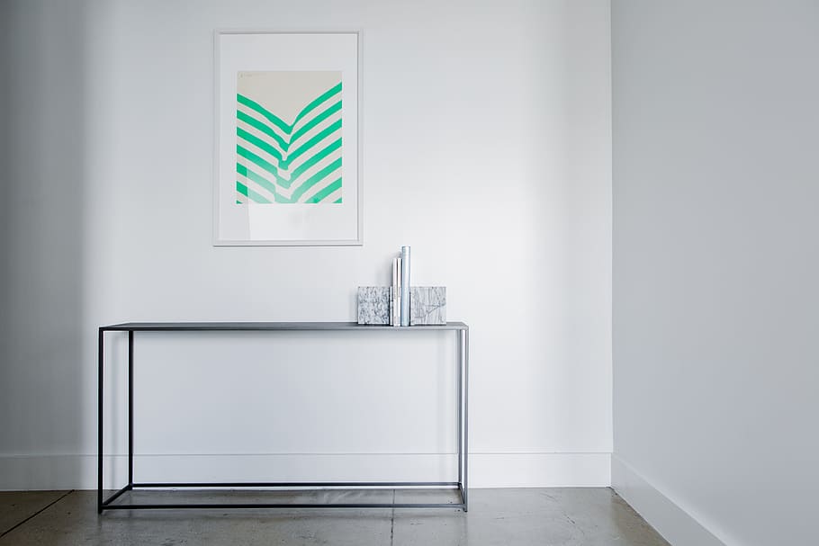 gray console table, wall, white, frame, aesthetic, indoors HD wallpaper