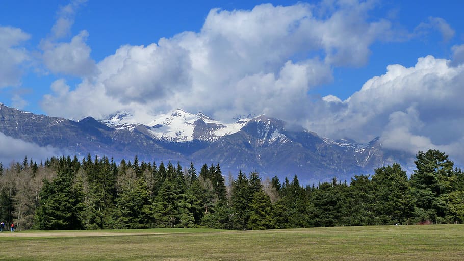 landscape, nature, mountain, spring, trees, forest, sky, clouds HD wallpaper