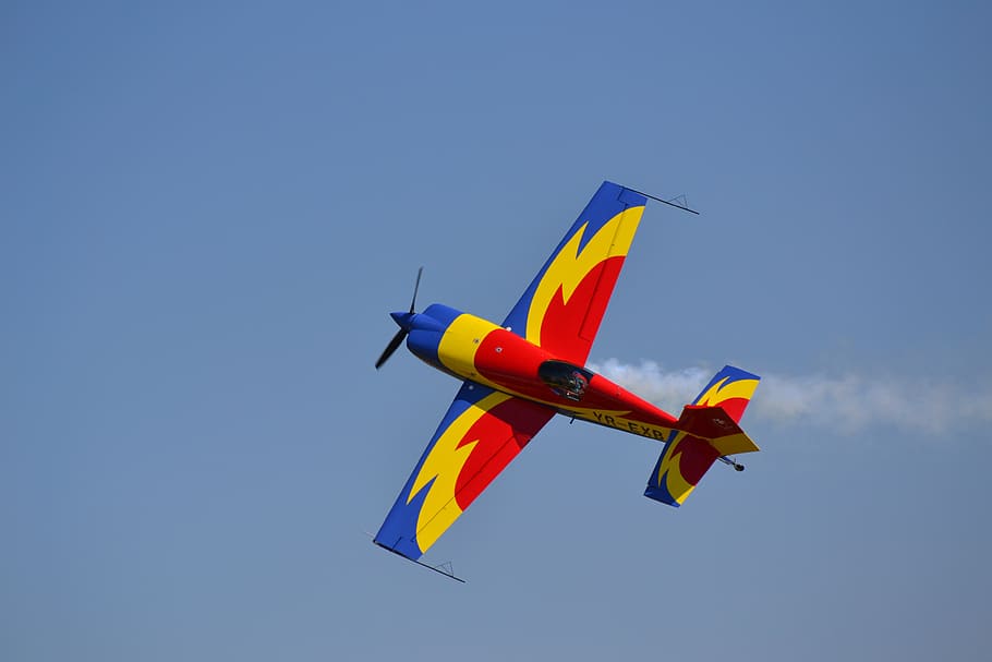 blue, red, yellow, sky, plane, flying, air vehicle, transportation HD wallpaper
