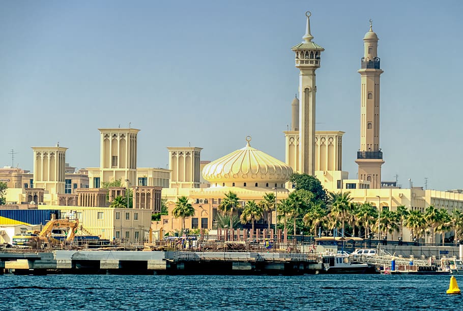 Orient, Dubai, Palace, Mosque, Minaret, building, sea, water HD wallpaper