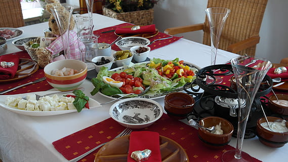 assorted foods on dining table, fondue, board, eat, gedeckter table HD wallpaper