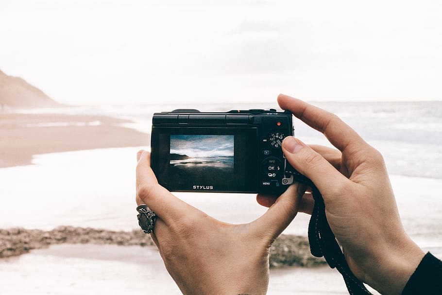 beach, camera, hands, ocean, sand, sea, taking photo, photography themes HD wallpaper