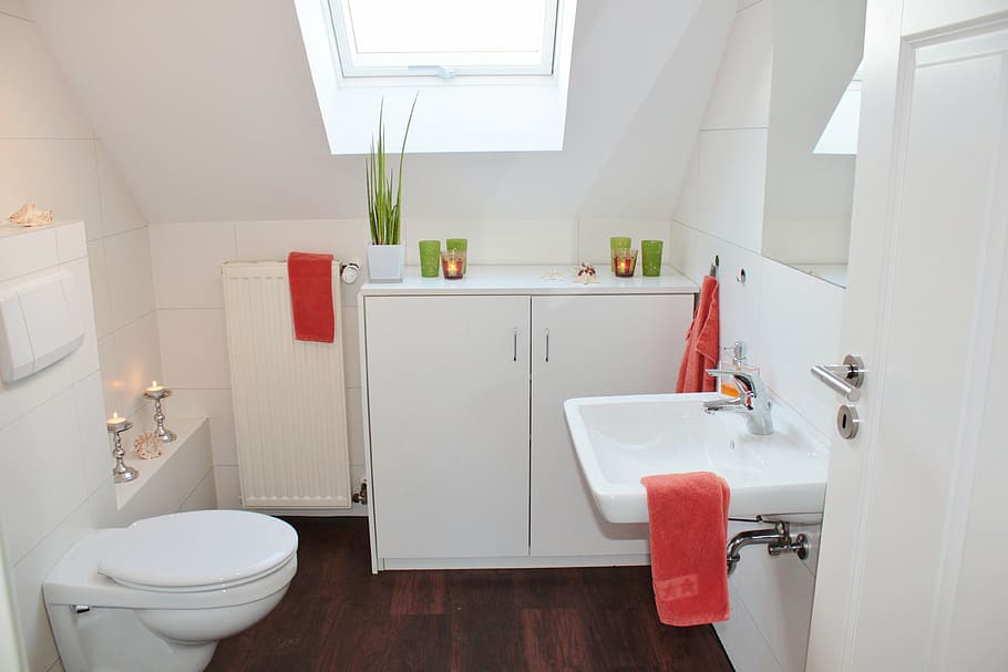 white wooden cabinet, bathroom, bad, toilet, bathroom sink, sanitaryblock, HD wallpaper