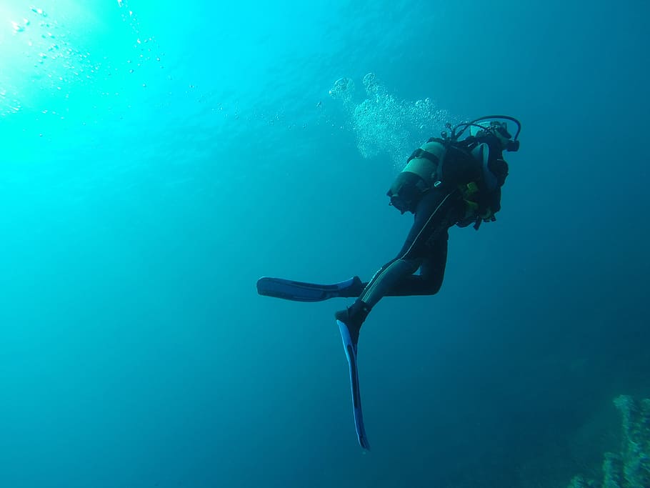 photo of scuba diver, diving, sea, water, blue, submarine, bottles, HD wallpaper