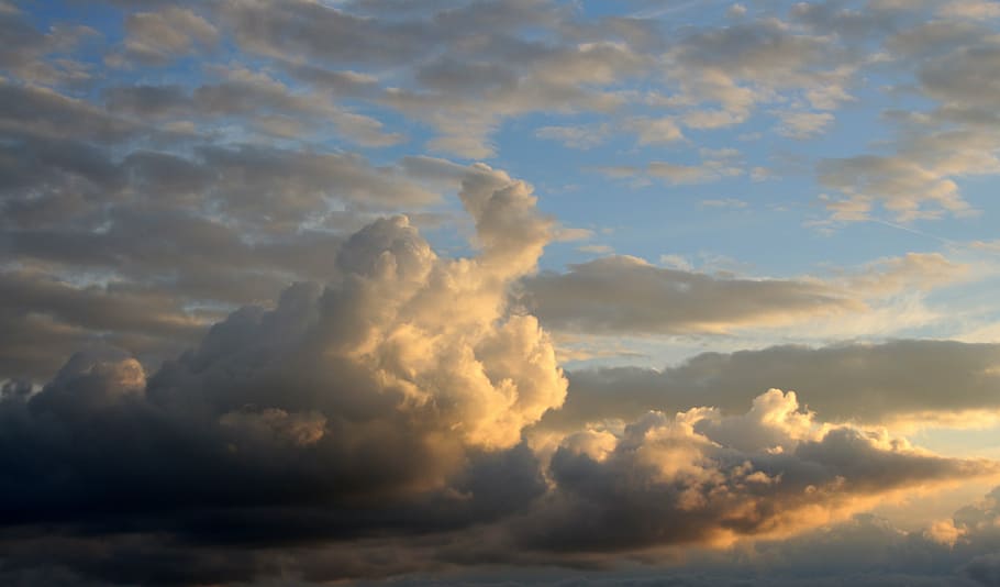 white clouds, sunset, sunbeam, abendstimmung, evening sky, setting sun HD wallpaper