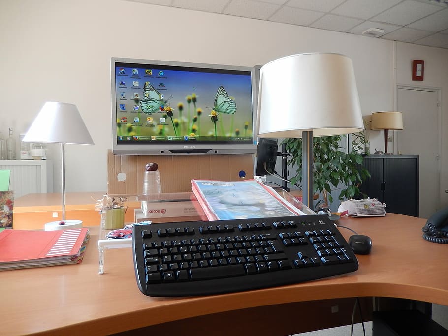 computer, employment, keyboard, office, furniture, table, desk HD wallpaper