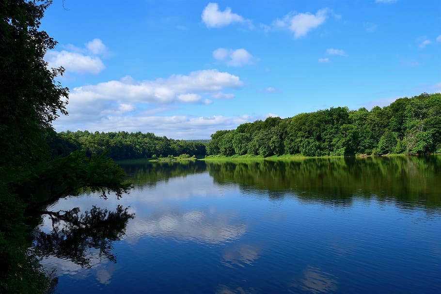 landscape, lake, sky, reflection, clouds, sunlight, green, summer HD wallpaper