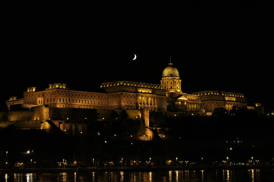 budapest, night, castle, hungary, lights, moon, building exterior HD wallpaper