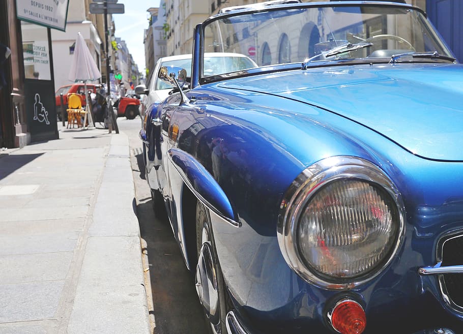 closeup photo of blue car, oldtimer, mercedes, auto, vehicle HD wallpaper