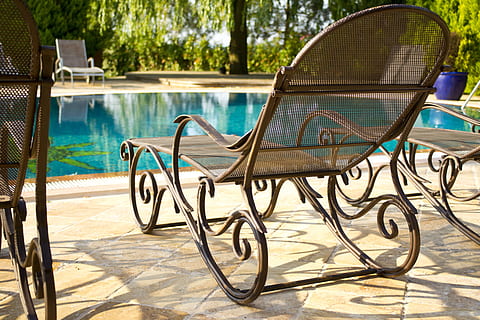 brown pool lounge chair with pool background, sunbeds, water HD wallpaper