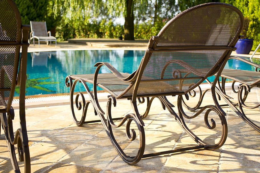 brown pool lounge chair with pool background, sunbeds, water HD wallpaper