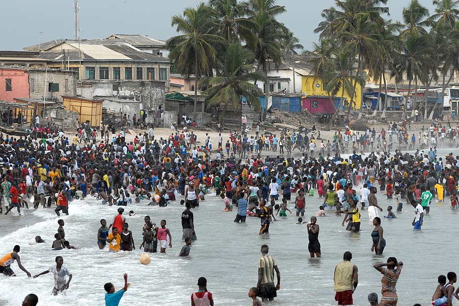 ghana, water, beach, fun bathing, easter, crowd, large group of people, HD wallpaper