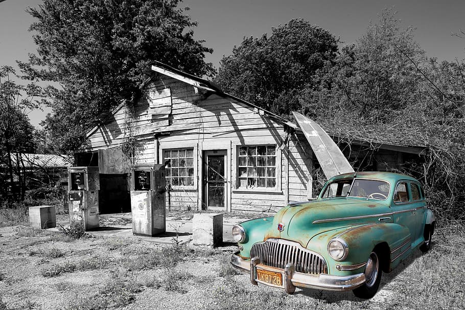 selective color photography of vintage green car parked beside white wooden house, HD wallpaper