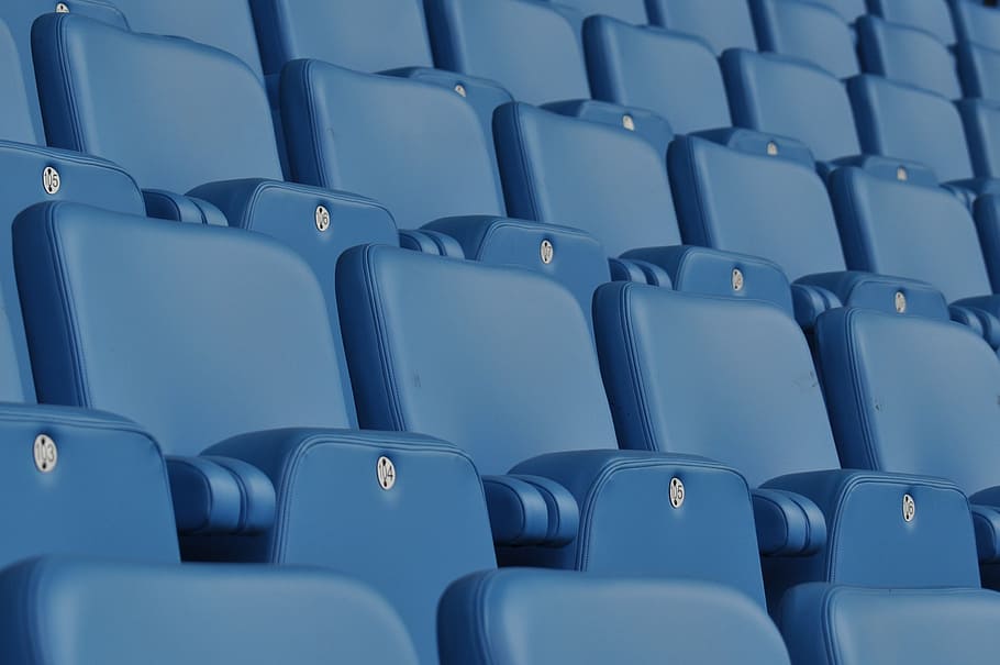 selective focus photography of blue leather chairs, seats, stadium HD wallpaper