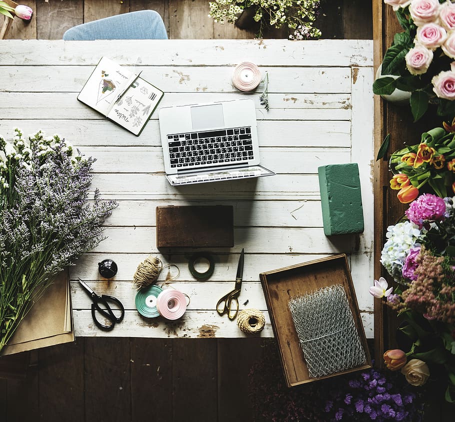 laptop near notebook and sewing kits, flower, work, plant, making HD wallpaper