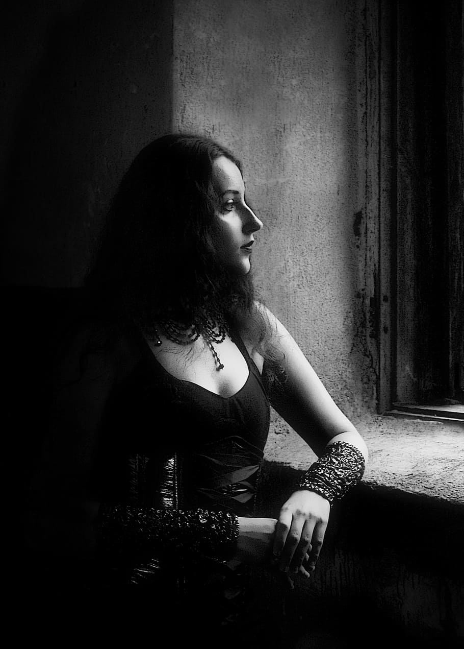 grayscale photo of woman standing beside window, portrait, girl HD wallpaper
