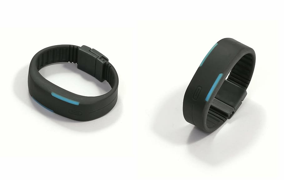 two blue-and-black fitness trackers on white background, bracelet, HD wallpaper