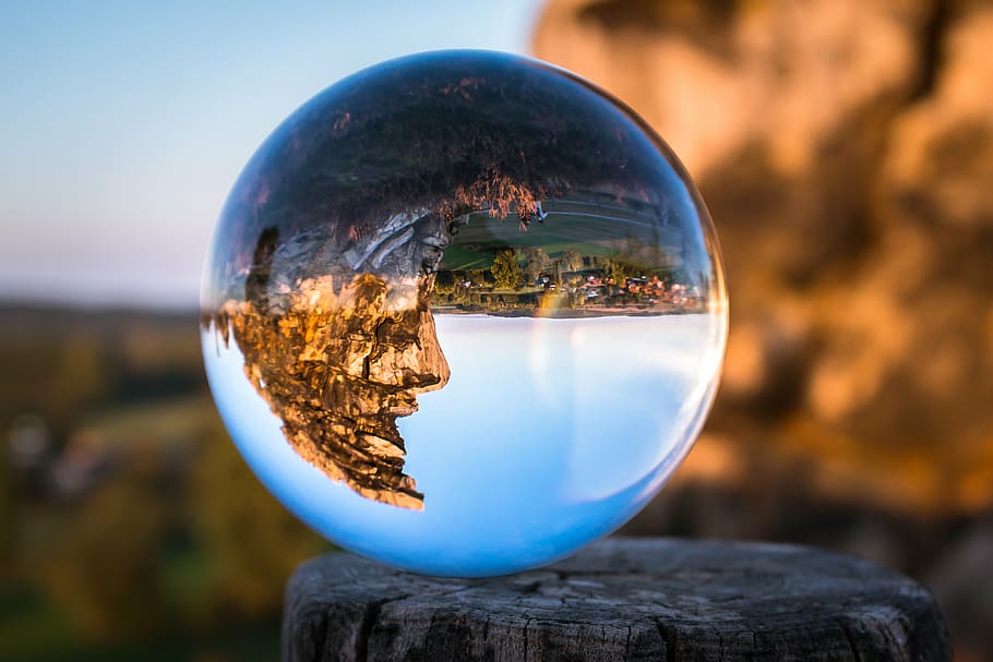 clear glass ball, devil's wall, face, rock face, resin, globe image, HD wallpaper