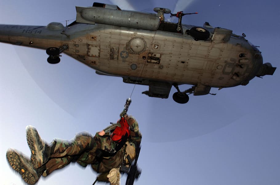 Helicopter, Navy, Clouds, Sailor, sky, raising, lifting, rescue HD wallpaper